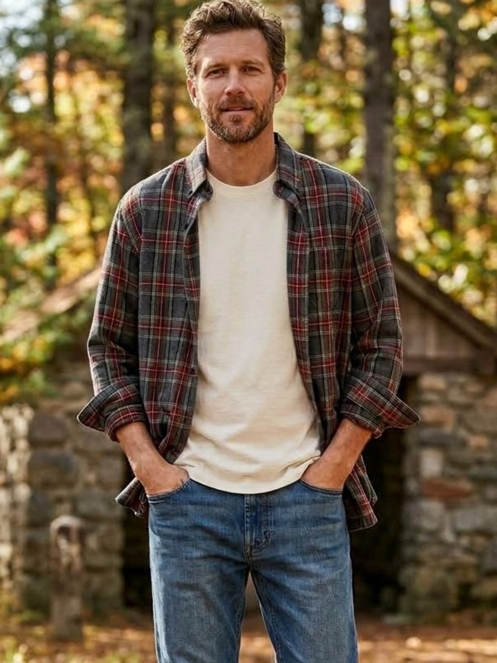 LL Bean Scotch Plaid Flannel Shirt Mens M Gray Red Slightly Fitted Gorpcore